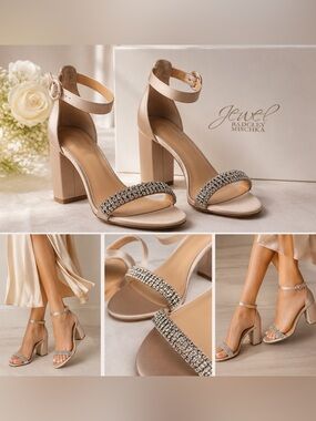 Badgley Mischka /James Rhinestone Satin Block Heel Champagne Blush Satin